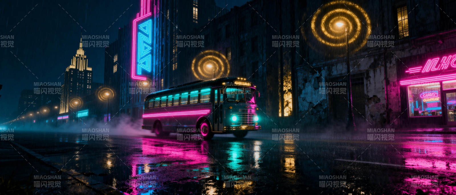 霓虹夜雨公交图片