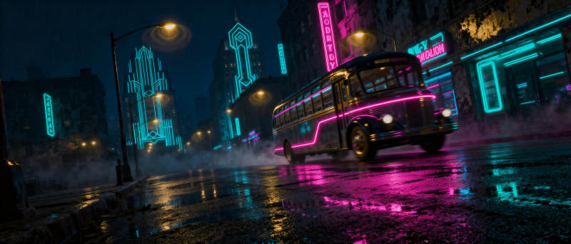 霓虹夜街巴士行图片