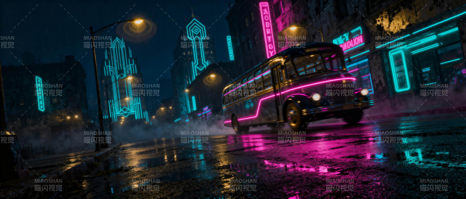 霓虹夜街巴士行图片