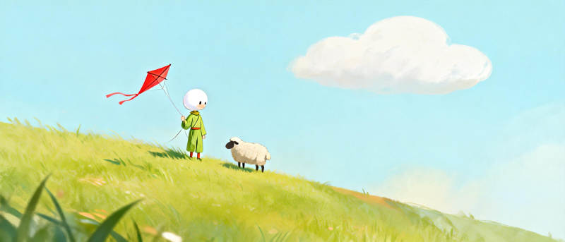 放风筝的男孩与羊图片