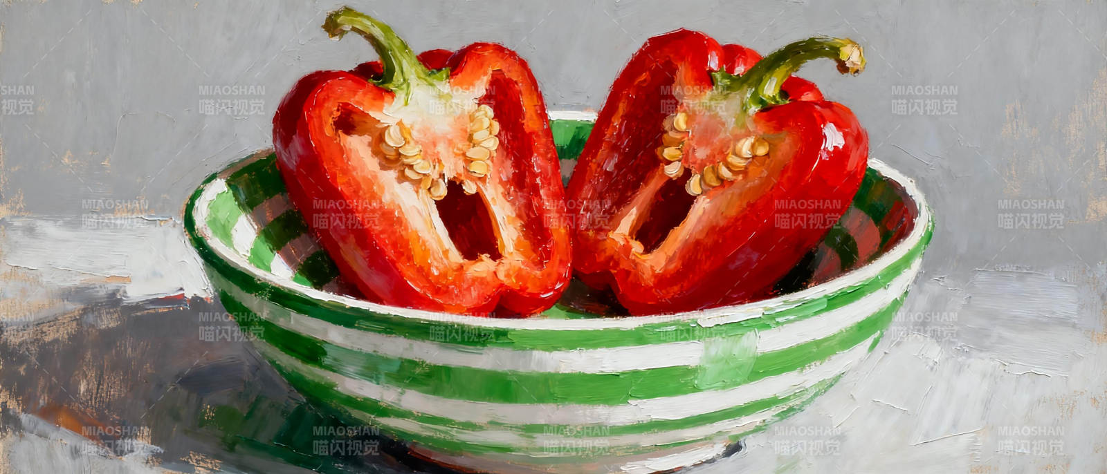 红椒切半入碗中图片