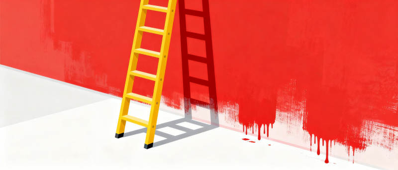 红色墙边的黄色梯子图片