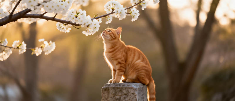 猫望樱花图片