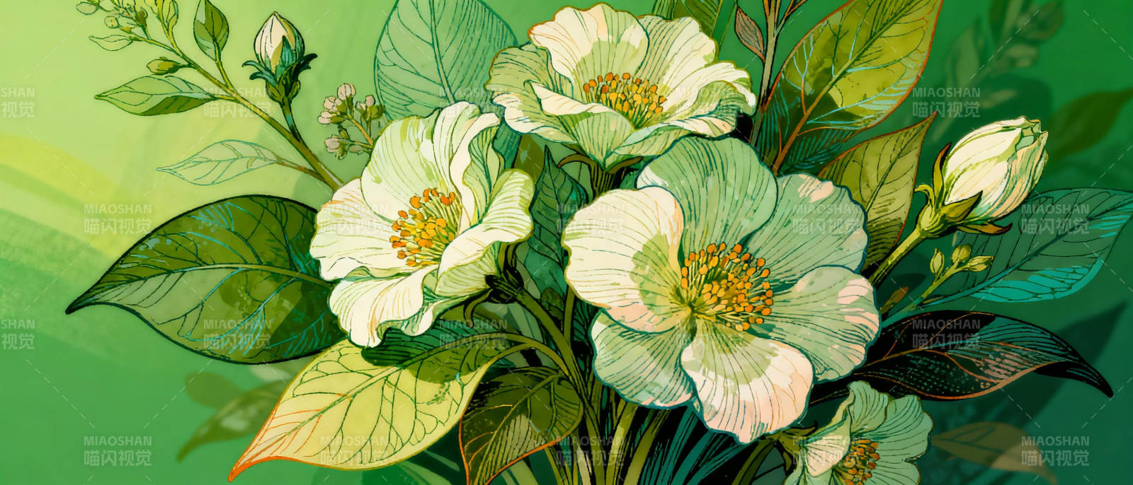 绿叶白花绽放图片