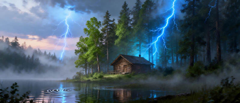 雷雨夜湖畔小屋图片