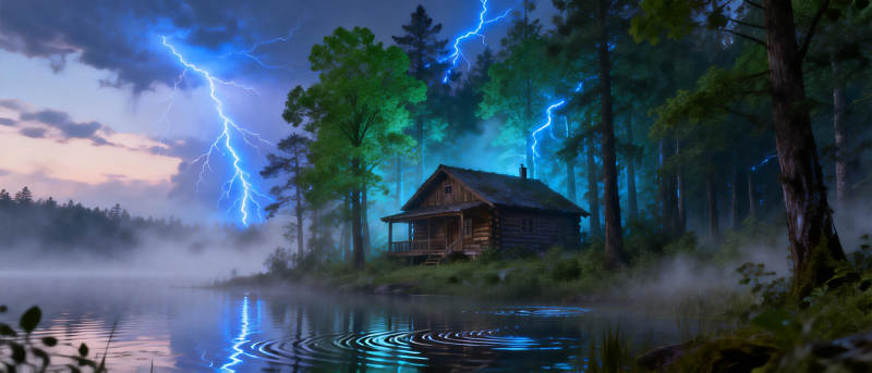 雷雨夜湖畔小屋图片