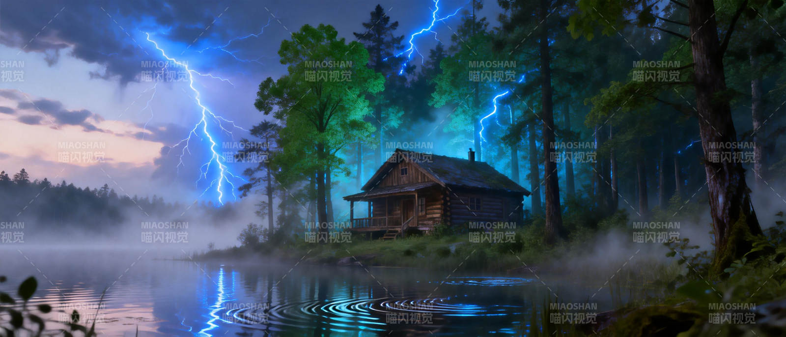 雷雨夜湖畔小屋图片