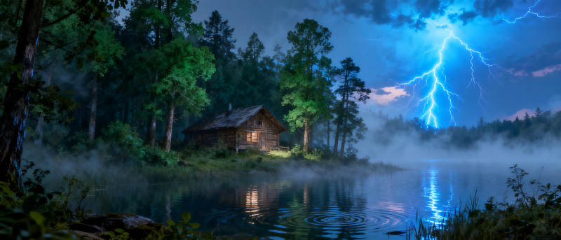 雷雨夜湖畔小屋图片