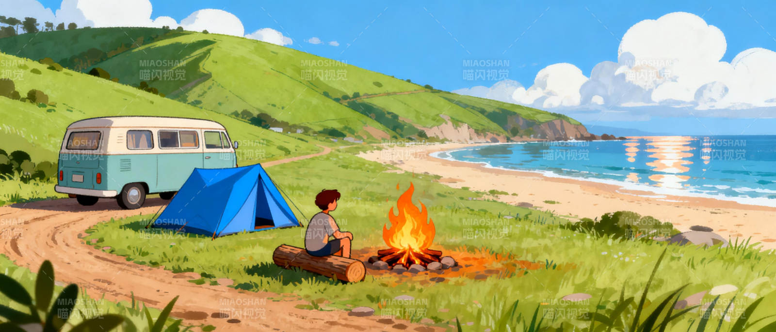 海边露营 篝火旁的宁静图片