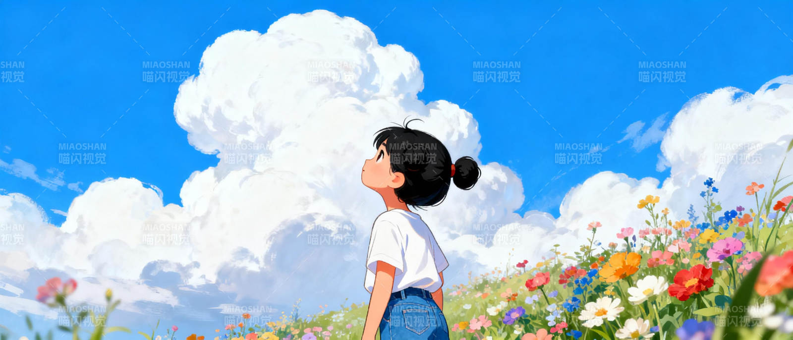 花海仰望蓝天图片