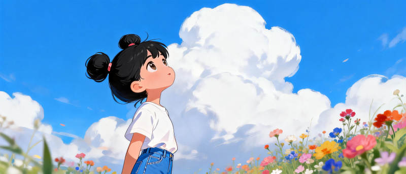 花野仰望蓝天图片