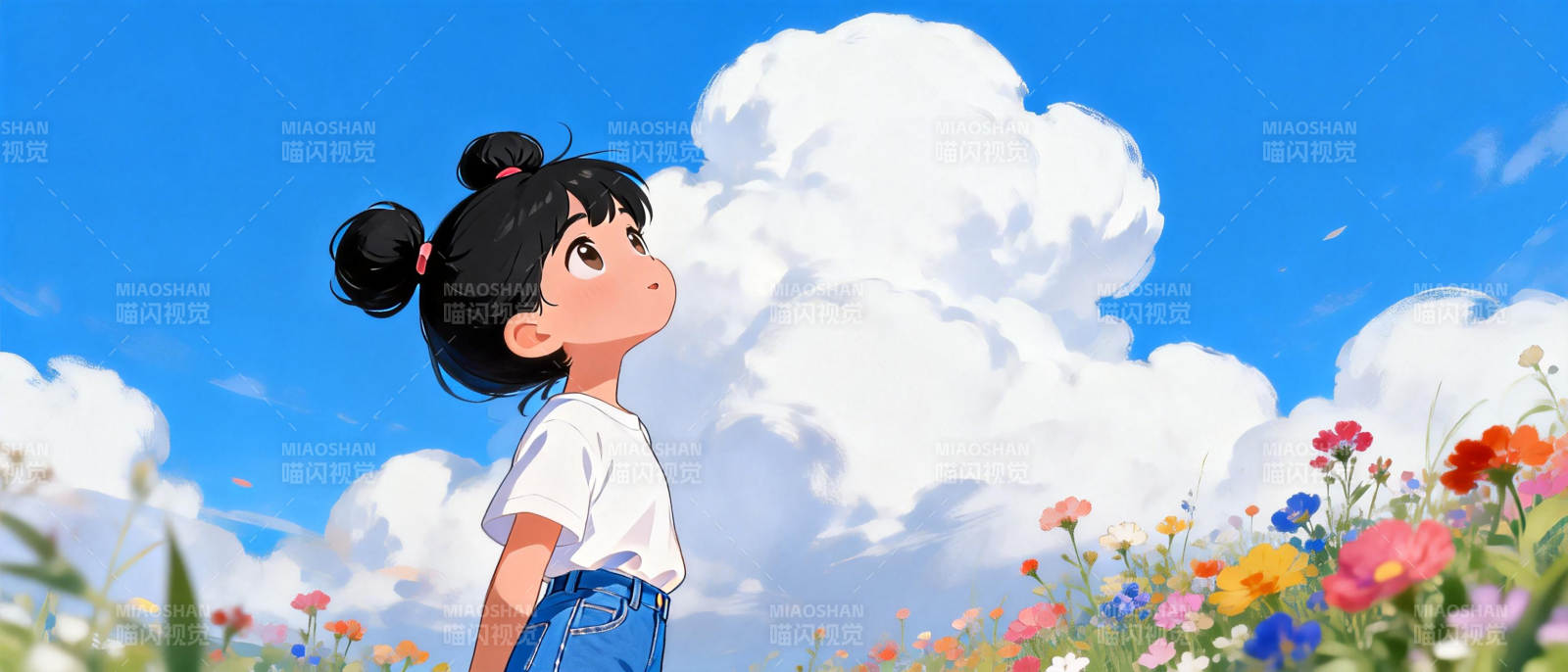 花野仰望蓝天图片