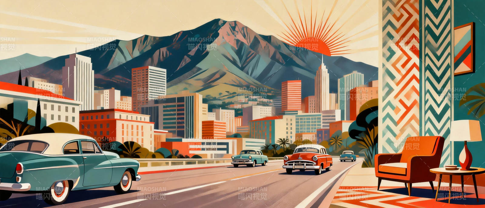 城市山景晨光图片