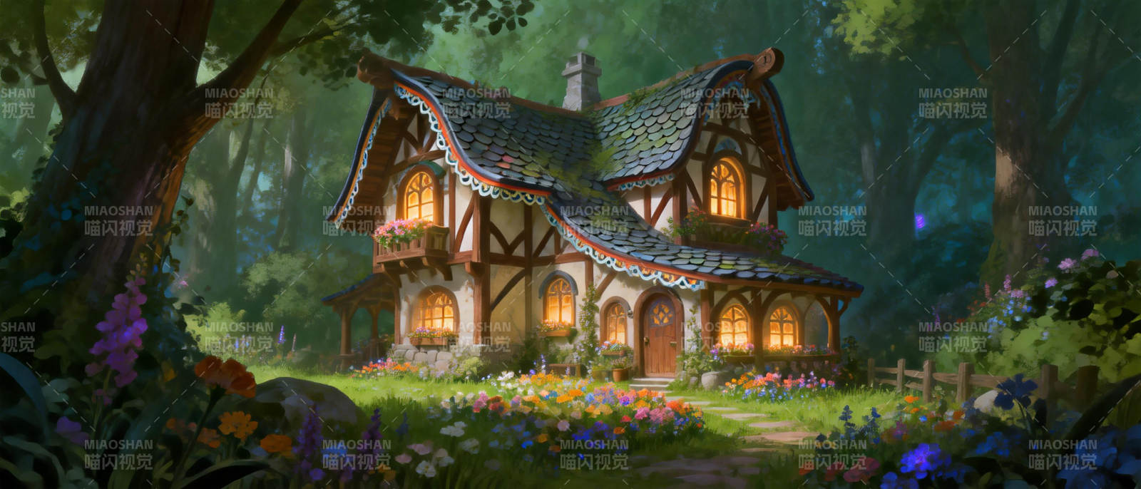 森林小屋夜景图片