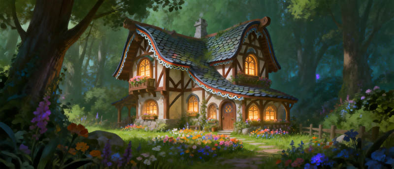 森林小屋夜景图片