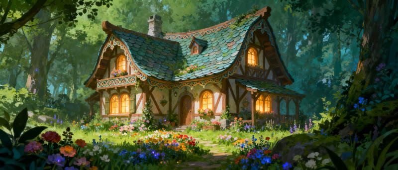 森林小屋夜景图片