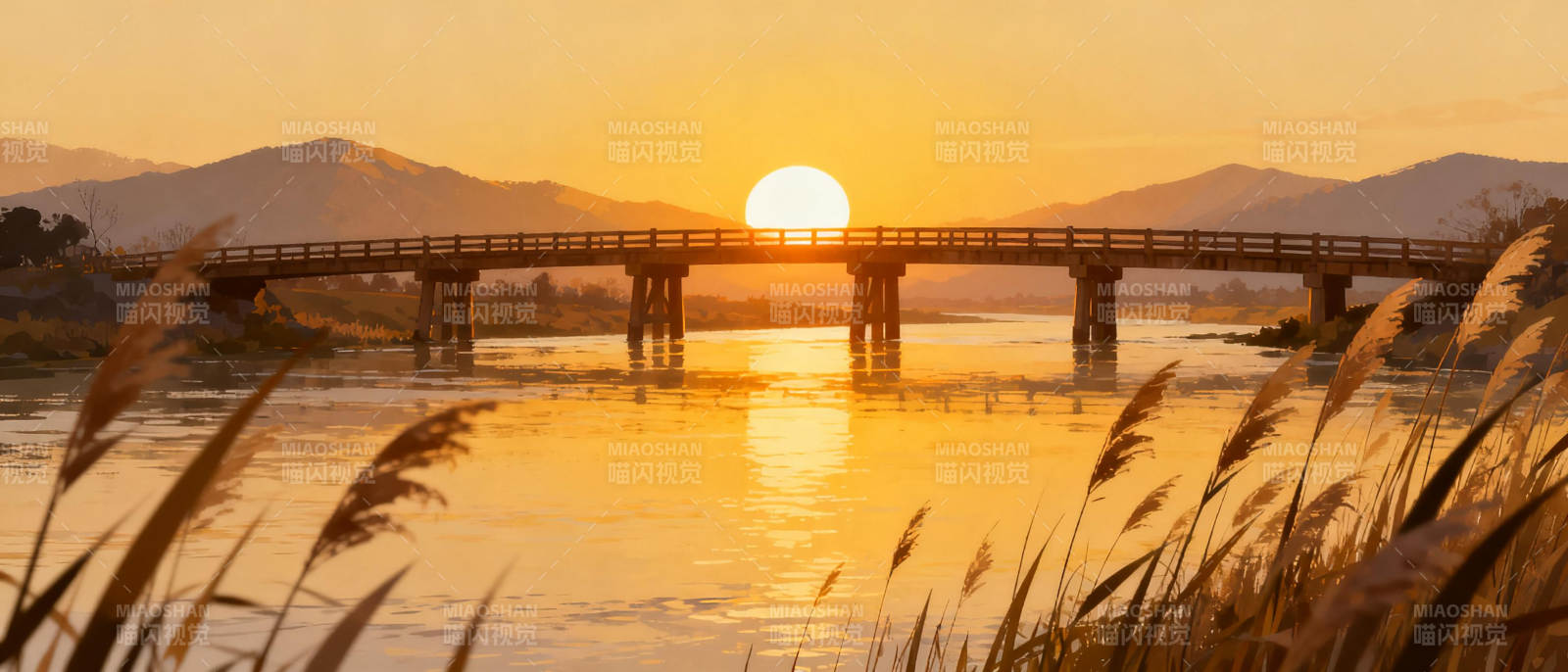 夕阳桥影水光图片