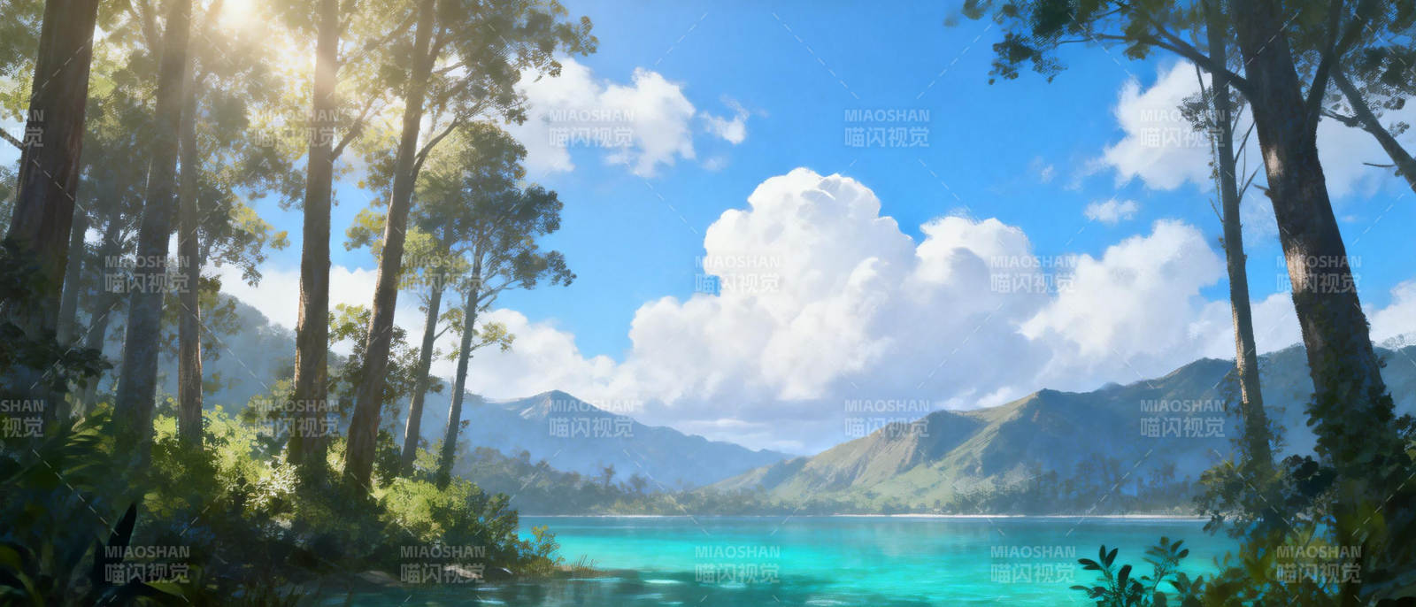 湖光山色 林间晨曦图片