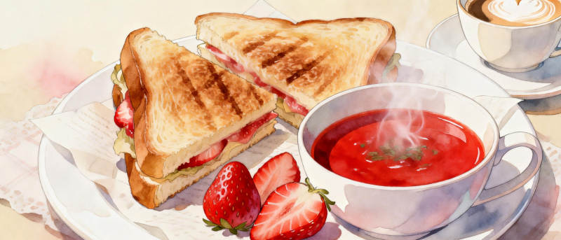草莓三明治与热汤图片
