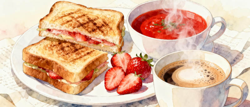 草莓三明治与热饮图片