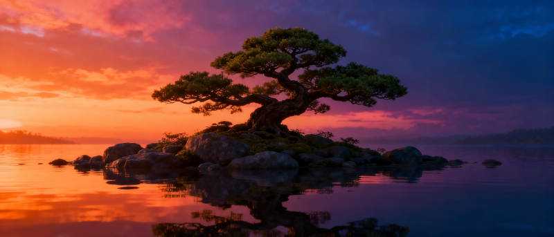 孤树映霞光图片