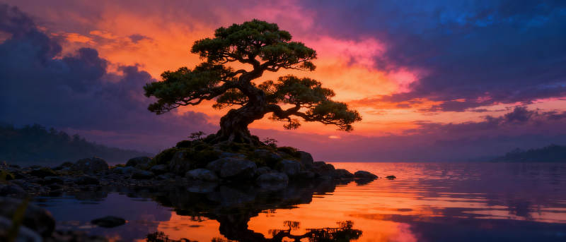 孤树映霞光图片