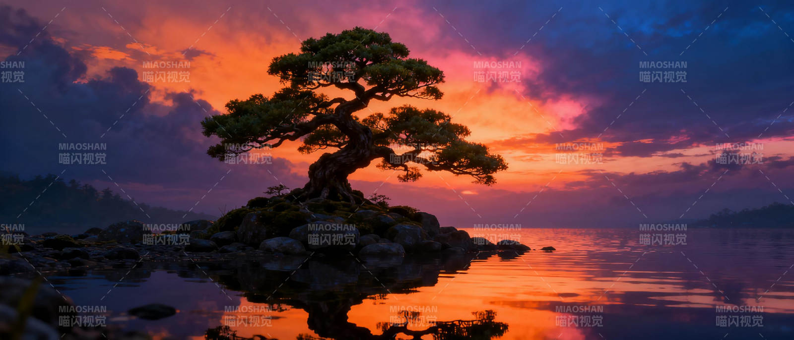 孤树映霞光图片