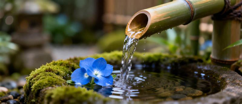 竹泉映蓝花图片