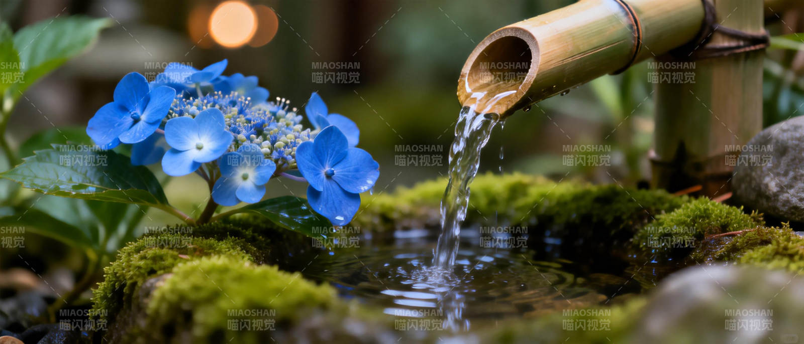 竹流清泉伴蓝花图片