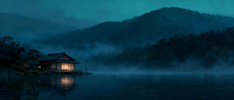 夜雾湖畔小屋图片