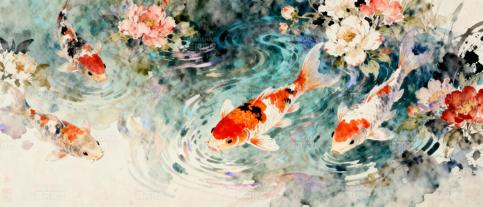 锦鲤戏水花影图片