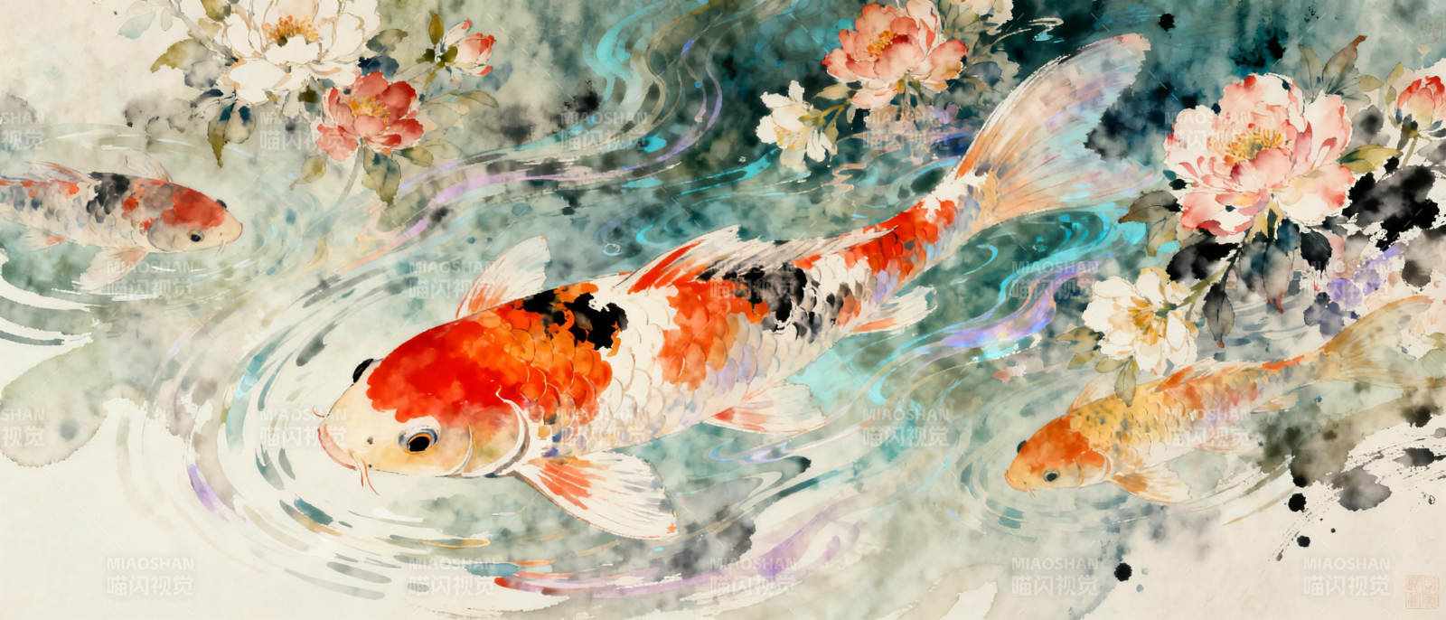 锦鲤戏水花影图片