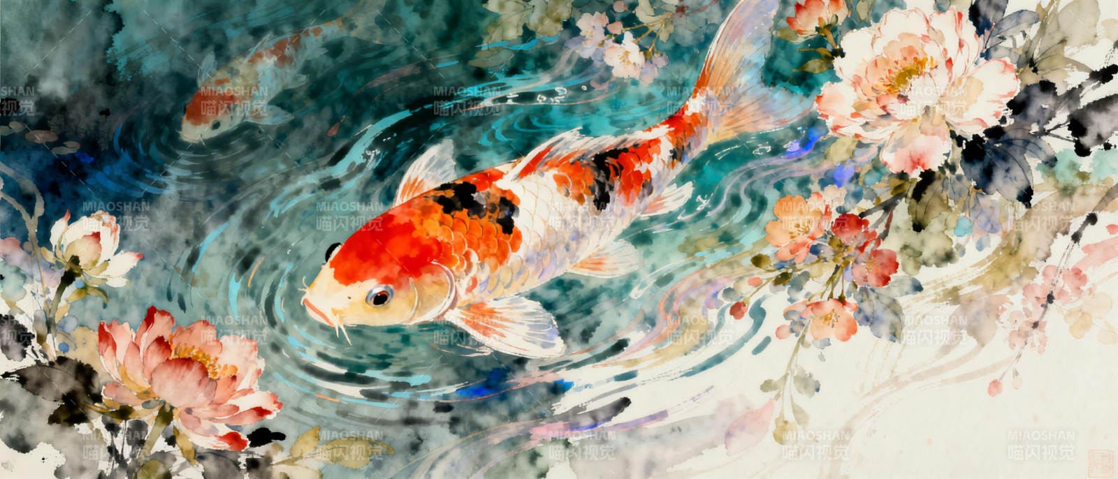 锦鲤戏水花影图片