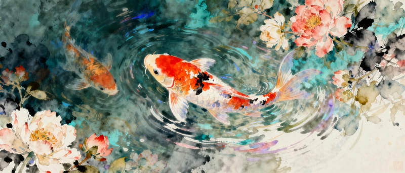 锦鲤戏水花影图片