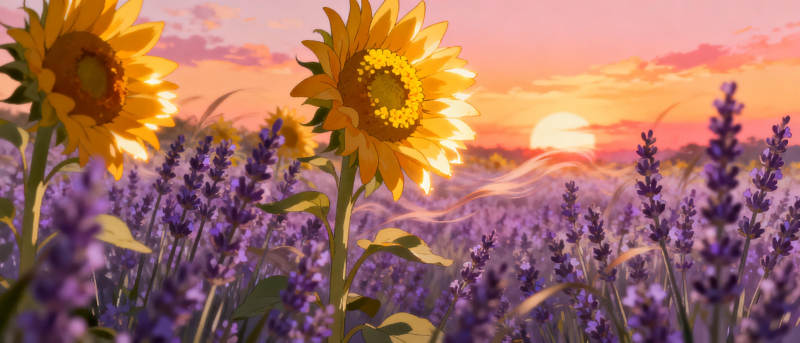 向日葵与薰衣草的黄昏图片