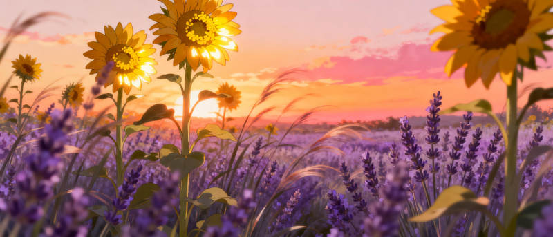 向日葵与薰衣草的黄昏图片