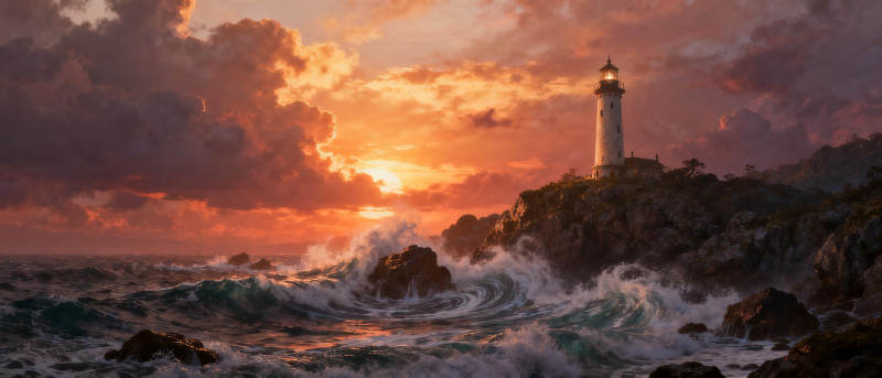 灯塔暮色海浪图片