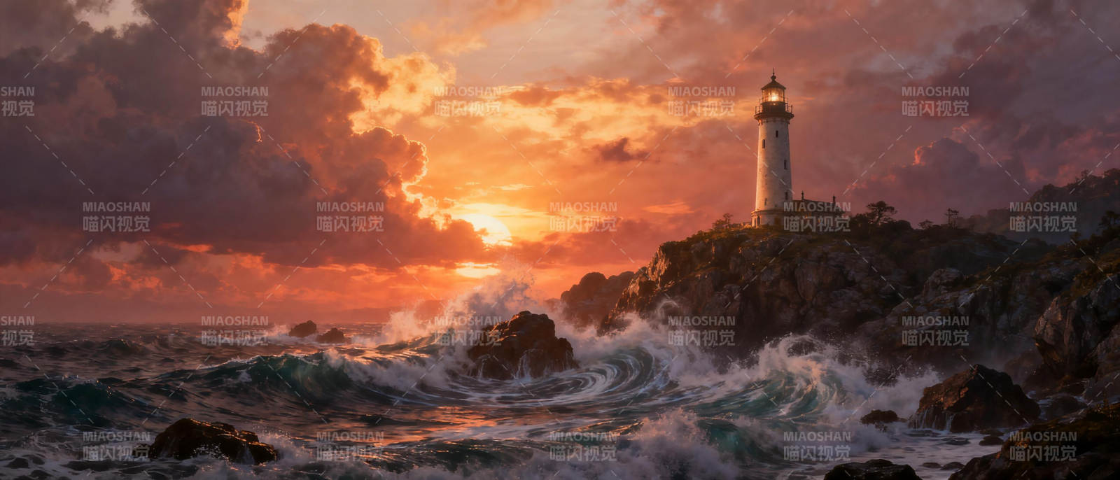 灯塔暮色海浪图片