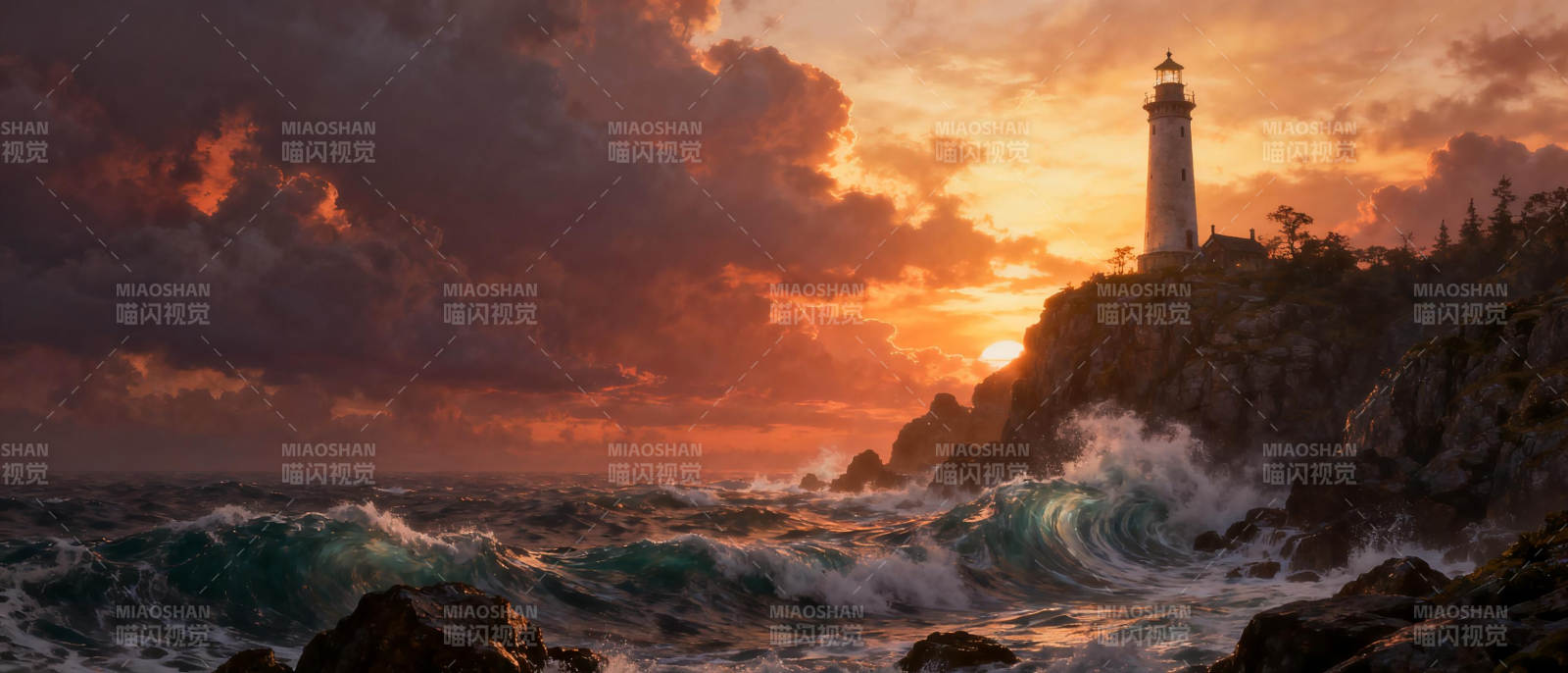 灯塔暮色海浪图片