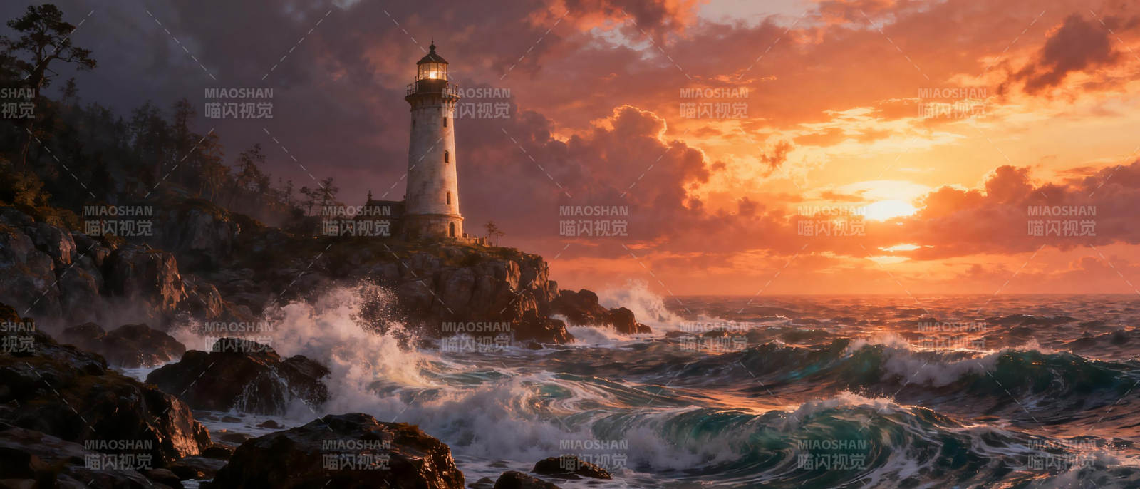 灯塔守望日落海图片