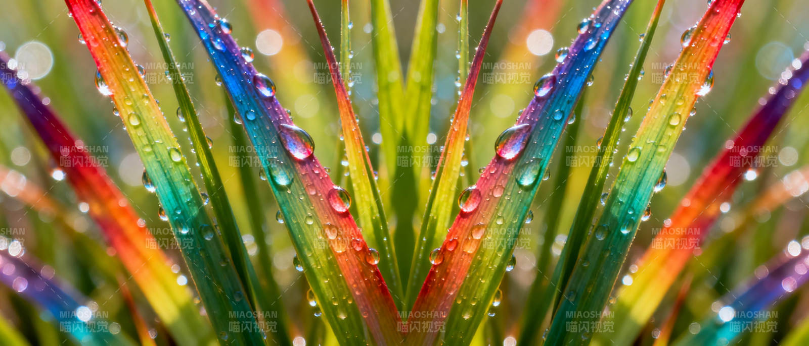 彩虹叶上露珠闪烁图片