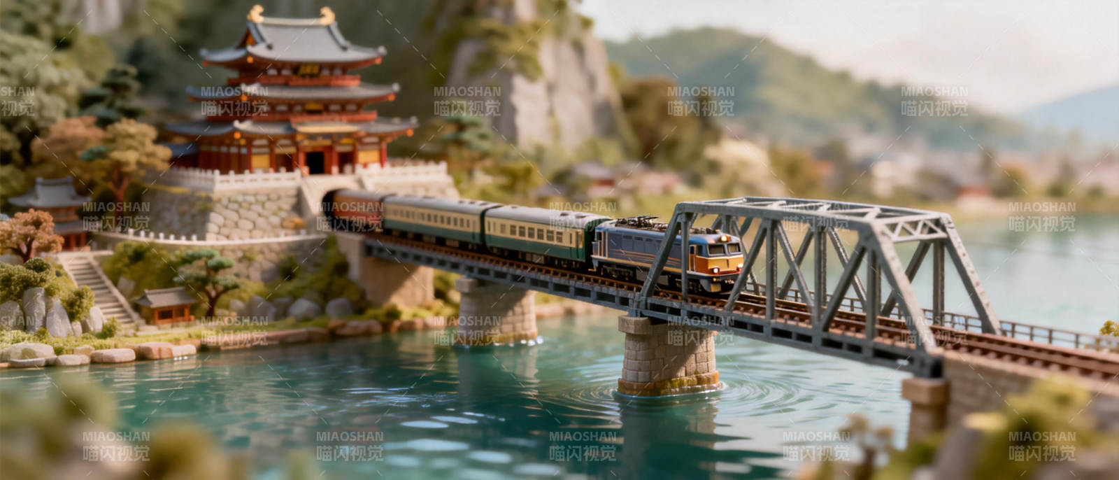 火车穿越古桥美景图片