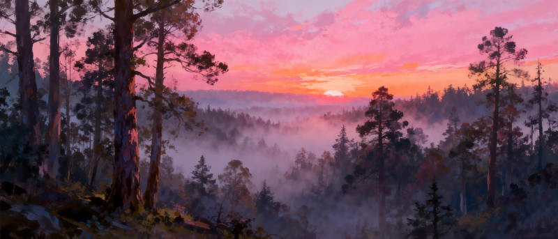 晨雾森林日出图片