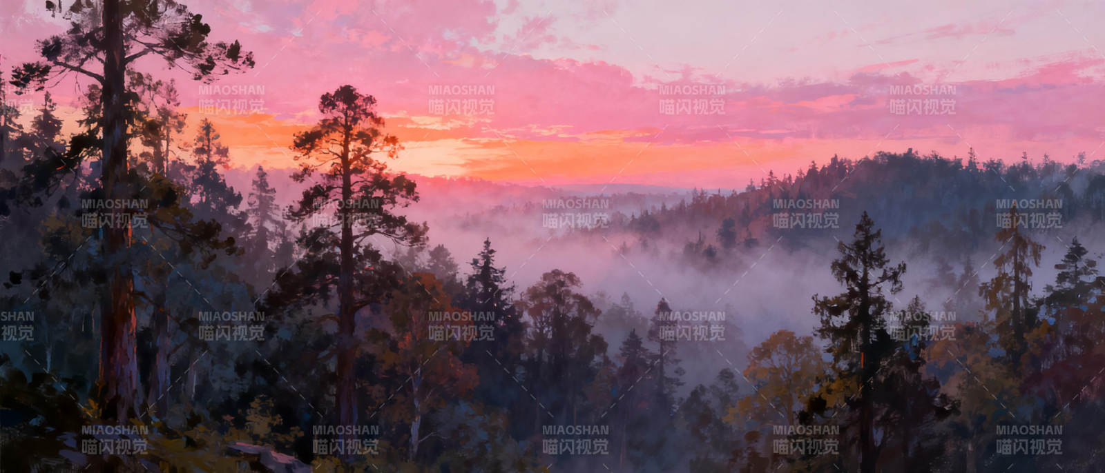 晨雾森林日出图片