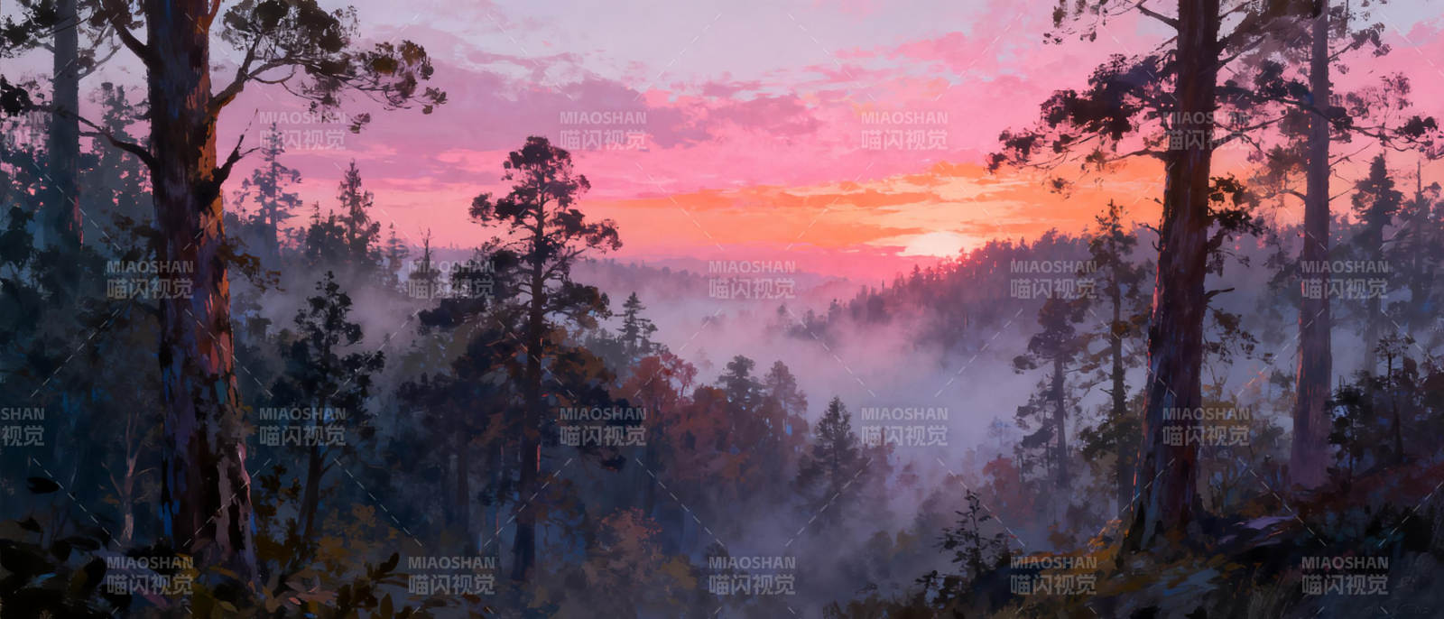 晨雾森林日出图片