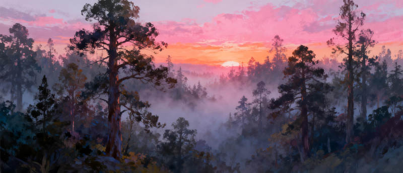 晨雾森林日出图片