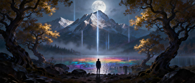 月下湖畔孤影图片