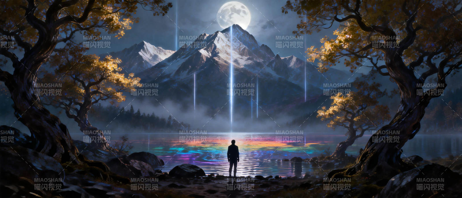 月下湖畔孤影图片