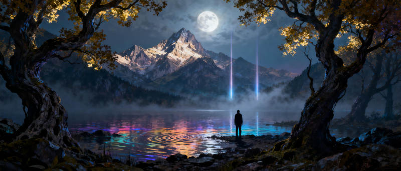 月下湖畔孤影图片