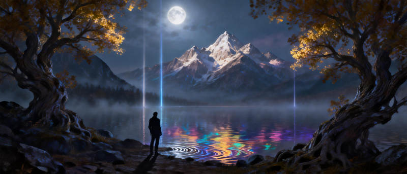 月下湖畔奇景图片